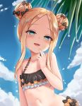  1girl :d abigail_williams_(fate/grand_order) bangs black_bow blonde_hair blue_eyes bow double_bun emerald_float fate/grand_order fate_(series) finger_in_mouth forehead frilled_swimsuit frills highres long_hair open_mouth orange_bow parted_bangs polka_dot polka_dot_bow shimokirin smile solo swimsuit 