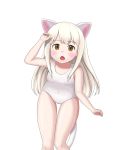  2019 amber_eyes animal_humanoid blonde_hair breasts cat_humanoid child clothed clothing fangs felid felid_humanoid feline feline_humanoid female hair hi_res humanoid mammal mammal_humanoid mitokon_dorian one-piece_swimsuit open_mouth simple_background slit_pupils small_breasts solo swimwear white_background young 