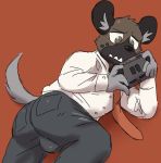  2019 aggressive_retsuko anthro bottomwear bulge clothed clothing controller dress_shirt fully_clothed gaming grey_bottomwear grey_clothing grey_pants haida hi_res holding_controller holding_object hyaenid loneliestbara lying male mammal necktie on_side pants playing_videogame sanrio shirt solo topwear 