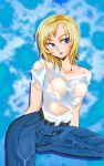  1girl aya_brea blonde_hair blue_eyes breasts commentary_request denim graphite_(medium) jeans millipen_(medium) nipples onnaski pants parasite_eve see-through shirt short_hair solo t-shirt traditional_media wet wet_clothes wet_shirt 