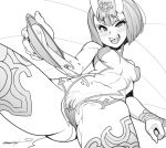  1girl absurdres alcohol bangs blush bob_cut breasts clitoris_slip covered_nipples cup erotibot eyebrows_visible_through_hair fangs fate/grand_order fate_(series) greyscale groin headpiece highres horns looking_at_viewer monochrome oni oni_horns open_mouth partially_visible_vulva perky_breasts pouring pouring_onto_pussy pouring_onto_self pussy pussy_peek revealing_clothes sakazuki sake short_hair shuten_douji_(fate/grand_order) small_breasts smile solo spread_legs thighs tongue uncensored 
