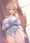  1girl bangs bare_shoulders blonde_hair blue_eyes blurry blurry_background breasts closed_mouth collarbone commentary_request eyebrows_visible_through_hair fate/grand_order fate_(series) indoors jacket jeanne_d&#039;arc_(fate)_(all) jeanne_d&#039;arc_(swimsuit_archer) kibanda_gohan large_breasts lips long_hair long_sleeves looking_at_viewer off_shoulder one-piece_swimsuit shiny shiny_hair shiny_skin smile solo swimsuit thighs track_jacket very_long_hair zipper zipper_pull_tab 