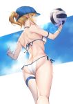  1girl ahoge artoria_pendragon_(all) ass ball baseball_cap bikini blonde_hair blue_eyes blue_headwear breasts butt_crack cloud cloudy_sky commentary fate/grand_order fate_(series) from_behind hair_between_eyes hair_through_headwear hat holding holding_ball medium_breasts mysterious_heroine_xx_(foreigner) parfaitlate ponytail side-tie_bikini sideboob sidelocks sky swimsuit thigh_strap volleyball white_background white_bikini wristband 