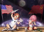  2girls :d american_flag astronaut bangs blue_eyes blue_shorts brown_hair commentary crying earth english_commentary full_moon hair_ornament highres lulu-chan92 medium_hair moon multiple_girls nasa on_floor open_mouth original personification pink_hair planet red_shorts rocket shirt short_hair shorts smile socks soviet soviet_flag space space_craft space_shuttle spacesuit t-shirt tears wooden_floor 