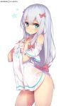  1girl bangs bare_shoulders blue_eyes blush bow breasts clothes_writing covered_nipples eromanga_sensei eyebrows_visible_through_hair hair_between_eyes hair_bow hands_up hong_(white_spider) izumi_sagiri long_hair off-shoulder_shirt off_shoulder panties parted_lips patreon_username pink_bow see-through shirt short_sleeves side-tie_panties sidelocks signature silver_hair simple_background small_breasts solo star string_panties underwear very_long_hair white_background white_shirt wide_sleeves 