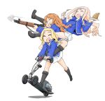  3girls :d ;d bc_freedom_(emblem) bc_freedom_military_uniform black_footwear blonde_hair blue_eyes blue_jacket blue_vest boots cake carrying closed_eyes commentary_request dress_shirt drill_hair emblem food fork girls_und_panzer ground_vehicle gun high_collar highres holding holding_fork holding_gun holding_plate holding_weapon isabe_(girls_und_panzer) jacket knee_boots long_hair long_sleeves marie_(girls_und_panzer) mas-36 military military_uniform miniskirt motor_vehicle multiple_girls one_eye_closed open_mouth orange_hair piggyback plate pleated_skirt riding rifle scooter shadow shirt simple_background skirt smile sofue_(girls_und_panzer) takanaga_kouhei uniform vest weapon white_background white_shirt white_skirt 