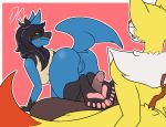  2019 5_toes ambiguous_gender braixen breasts butt claws deadxqueen duo emerald_(disambiguation) fan_character feet female foot_fetish footjob green_eyes humanoid_feet humanoid_penis kneeling looking_back lucario male mammal nintendo pawpads paws penis pok&eacute;mon pok&eacute;mon_(species) pussy sex smile toes video_games 