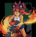  2019 absurd_res anthro boots bottomwear breasts cleavage clothed clothing domestic_cat felid feline felis female fire footwear fur gloves goshaag green_eyes hair handwear hi_res magic mammal red_hair shorts solo yellow_fur 