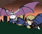  big_breasts breasts chimera chiropteran city cleavage clothed clothing cloven_hooves female flying hi_res hooves huge_breasts hybrid karnator_(artist) male mammal membrane_(anatomy) membranous_wings smile tree voluptuous wings 