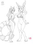  2019 4_toes ailurid anthro barefoot breasts duo female kacey lagomorph leporid mammal pussy rabbit red_panda simple_background standing toes traditional_media_(artwork) white_background 