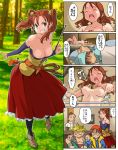  bandana bare_shoulders breasts brown_eyes brown_hair cleavage closed_mouth commentary_request corset dragon_quest dragon_quest_viii dress earrings hero_(dq8) imaichi jessica_albert jewelry large_breasts long_hair looking_at_viewer multiple_boys multiple_girls open_mouth purple_shirt red_hair shirt smile twintails weapon yangus 