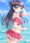  1girl :d arm_up ass bangs bare_shoulders bikini bikini_skirt black_hair blue_sky blush bow breasts brown_eyes cloud cloudy_sky commentary_request cowboy_shot day eyebrows_visible_through_hair frilled_bikini frills hair_bow heart heart_print horizon idolmaster idolmaster_shiny_colors long_hair looking_at_viewer looking_to_the_side mayuzumi_fuyuko miri_(ago550421) ocean open_mouth outdoors print_bikini red_bikini red_bow signature sky small_breasts smile solo swimsuit two_side_up v-shaped_eyebrows very_long_hair water 