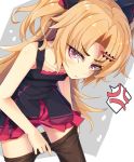  1girl akatsuki_yuni anger_vein bangs bare_arms bare_shoulders black_dress blonde_hair blush brown_legwear closed_mouth collarbone dress eyebrows_visible_through_hair grey_background hair_ornament hairclip long_hair looking_at_viewer ogami_kazuki pantyhose pantyhose_pull parted_bangs red_eyes sleeveless sleeveless_dress solo spoken_anger_vein sweat two-tone_background two_side_up uni_channel v-shaped_eyebrows very_long_hair virtual_youtuber white_background 