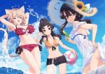  3girls :d ^_^ ahoge animal_ear_fluff animal_ears antenna_hair arms_up ass ball bare_shoulders beachball bikini bikini_top black_hair black_shorts blue_sky breasts brown_eyes brown_headwear cat_ears cat_girl cat_tail cleavage closed_eyes closed_mouth cloud cloudy_sky collarbone commentary_request day dress flower frilled_bikini frills hair_bun halter_top halterneck hat hat_flower holding holding_ball kuranami_shiki large_breasts light_brown_hair long_hair looking_at_viewer looking_to_the_side multiple_girls natsuki_teru navel nekomiya_ryuu ocean open_mouth orange_bikini_top original outdoors panties red_bikini red_eyes shikibe_ayaka short_eyebrows short_shorts shorts sidelocks sky smile splashing standing straw_hat sunflower swimsuit tail thick_eyebrows tongue tongue_out underwear v-shaped_eyebrows wading water_gun white_dress white_panties yellow_flower 