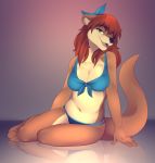  2019 anthro bikini blue_bottomwear blue_clothing blue_topwear bottomwear breasts brown_fur brown_hair clothed clothing digital_media_(artwork) female fully_clothed fur green_eyes hair hi_res looking_at_viewer lutrine mammal mustelid navel reigan simple_background smile solo swimwear topwear 