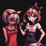  2girls allen_(makaroll) blue_eyes blush bow breasts brown_hair cleavage cosplay costume_switch covered_navel embarrassed gloves grey_hair hair_bow hairband haruka_(pokemon) midriff multiple_girls pokemon pokemon_(game) pokemon_oras pokemon_swsh saitou_(pokemon) short_hair single_glove smile sportswear tank_top wavy_mouth 