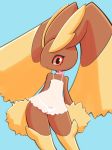  2019 anthro blue_background blush bow brown_fur choker clothing dress female fur jewelry lingerie lopunny navel necklace nintendo panties pok&eacute;mon pok&eacute;mon_(species) red_sclera simple_background solo standing underwear unousaya video_games wide_hips 