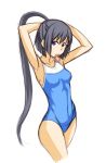  1girl amahane_tobari arms_up breasts collarbone commentary_request competition_swimsuit cropped_legs fushigi_na_tsuki_no_yoru_no_tobari hair_tie half_updo high_ponytail long_hair looking_at_viewer medium_breasts mouth_hold one-piece_swimsuit purple_eyes rikushiki sketch solo swimsuit very_long_hair white_background 