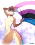  2019 5_fingers anthro brown_eyes brown_hair colored digital_media_(artwork) fingers flag genderfluid_pride_colors girly hair hi_res lgbt_pride lutrine male mammal mikhaila_kirov mustelid nude pride_colors solo standing tsampikos 