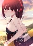  1girl bare_shoulders black_choker black_swimsuit blurry blurry_background blush breasts choker cloud cloudy_sky depth_of_field from_side frown girls_frontline hair_ornament ichiki_1 innertube large_breasts long_hair looking_at_viewer looking_to_the_side one-piece_swimsuit ponytail purple_hair red_eyes see-through sheer_clothes sidelocks sky solo sunset swimsuit upper_body wa2000_(girls_frontline) 