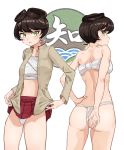  1girl adjusting_fundoshi ass back bangs brown_hair brown_jacket chi-hatan_school_uniform commentary cowboy_shot dual_persona from_behind fundoshi girls_und_panzer green_eyes hair_rings hand_on_hip high_collar highres hosomi_(girls_und_panzer) jacket japanese_clothes lifted_by_self long_sleeves looking_at_viewer looking_back miniskirt open_clothes open_jacket open_mouth pleated_skirt red_skirt sarashi school_uniform short_hair simple_background skirt skirt_lift solo standing toku_(yhpv8752) white_background 
