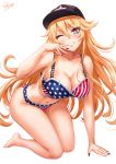  1girl all_fours american_flag american_flag_print bangs bare_shoulders barefoot blonde_hair blue_eyes blue_nails blush bra breasts cleavage clothes_writing collarbone eyebrows_visible_through_hair flag_print grin hair_between_eyes hand_up hat highres iowa_(kantai_collection) kantai_collection large_breasts long_hair looking_at_viewer messy_hair navel one_eye_closed panties sakiyamama signature simple_background smile solo star star-shaped_pupils symbol-shaped_pupils thighs underwear white_background white_nails 