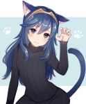  1girl animal_ears blue_eyes blue_hair blush bodysuit cat_ears cat_girl cat_tail fire_emblem fire_emblem_awakening hair_between_eyes haru_(nakajou-28) long_hair looking_at_viewer lucina paw_pose simple_background solo sweater tail tiara 