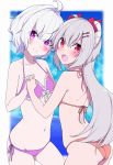 2girls :d ahoge arched_back ass bangs bare_arms bare_shoulders bikini blue_sky blurry blurry_background blush bow breasts brown_bikini character_request cloud cloudy_sky collarbone commentary_request day depth_of_field eyebrows_visible_through_hair fang fingernails frilled_bikini frills hair_between_eyes hair_bow hair_intakes hair_ornament hairclip head_tilt highres holding_hands horns interlocked_fingers kuusou_code_plus long_hair looking_at_viewer multiple_girls navel nemukawa_yumena open_mouth purple_bikini purple_eyes ratsuku_kinoko red_bow red_eyes ribbon-trimmed_bikini ribbon_trim side-tie_bikini sky small_breasts smile swimsuit very_long_hair virtual_youtuber white_hair 