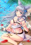  1girl :q absurdres animal_ears areolae bangs bare_shoulders beach bikini blue_eyes blue_flower blunt_bangs blush bracelet breasts closed_mouth collarbone commentary_request day erune eyebrows_visible_through_hair eyelashes flower granblue_fantasy hair_flower hair_ornament high_heels highres jewelry korwa large_breasts long_hair looking_at_viewer misakam5 navel nipples outdoors palm_leaf palm_tree petals sand sidelocks silver_hair sitting smile solo star star_hair_ornament stomach swimsuit tongue tongue_out tree very_long_hair wariza water 