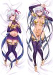  2girls :t areola_slip areolae armor arms_up bangs bare_shoulders barefoot bikini_armor blush breasts closed_mouth collarbone commentary_request dakimakura detached_sleeves dress dual_persona earrings fate/grand_order fate_(series) feet flower full_body hair_between_eyes hair_ribbon highres jewelry kama_(fate/grand_order) large_breasts licking_lips long_hair looking_at_viewer lotus multiple_girls navel pink_ribbon pout puffy_cheeks purple_dress purple_legwear purple_sleeves red_eyes revealing_clothes ribbon ring short_hair silver_hair sleeveless sleeveless_dress small_breasts smile thigh_strap thighlet thighs tonee tongue tongue_out 