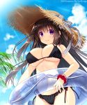  1girl armband artist_name bikini black_bikini black_hair breasts cloud cloudy_sky commentary_request floating_hair hat innertube large_breasts light_rays long_hair looking_at_viewer original outdoors purple_eyes ryuuga_shou side-tie_bikini sky smile solo straw_hat sunbeam sunlight swimsuit 