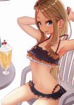  1girl abigail_williams_(fate/grand_order) absurdres armpits bangs bare_shoulders bikini black_bikini black_bow blonde_hair blue_eyes blush bow breasts chair collarbone emerald_float fate/grand_order fate_(series) food forehead frilled_bikini frills hair_bow hair_bun hands_up highres ice_cream ice_cream_float karu_(ricardo_2628) long_hair looking_at_viewer miniskirt navel open_mouth orange_bow parted_bangs polka_dot polka_dot_bow simple_background sitting skirt small_breasts smile solo swimsuit thighs tying_hair white_background 