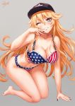  1girl all_fours american_flag american_flag_print bangs bare_shoulders barefoot blonde_hair blue_eyes blue_nails blush bra breasts cleavage clothes_writing collarbone eyebrows_visible_through_hair flag_print grey_background grin hair_between_eyes hand_up hat highres iowa_(kantai_collection) kantai_collection large_breasts long_hair looking_at_viewer messy_hair navel one_eye_closed panties sakiyamama signature simple_background smile solo star star-shaped_pupils symbol-shaped_pupils thighs underwear white_nails 
