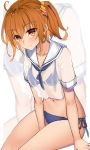  1girl ahoge between_legs bikini blue_bikini breasts cleavage closed_mouth collarbone commentary_request crop_top fate/grand_order fate_(series) fujimaru_ritsuka_(female) hair_ornament hair_scrunchie highres looking_at_viewer navel one_side_up orange_eyes orange_hair sailor_collar scrunchie see-through shirt short_hair short_sleeves shuutou_haruka side-tie_bikini sitting small_breasts solo swimsuit thighs white_sailor_collar white_shirt 