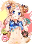  1girl abigail_williams_(fate/grand_order) bandaid_on_arm black_sailor_collar blue_bow blue_eyes blue_nails blue_shirt blush bottomless bow chestnut_mouth commentary_request crossed_bandaids double_bun doughnut fate/grand_order fate_(series) fingernails food green_nails groin hair_bow hair_ornament hands_up head_tilt heart heart_print jin_young-in light_brown_hair long_hair nail_polish navel open_mouth orange_bow out-of-frame_censoring pink_nails print_bow sailor_collar school_uniform serafuku shirt short_sleeves sidelocks solo star star_hair_ornament upper_teeth 