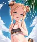  1girl :d abigail_williams_(fate/grand_order) bangs bare_arms bare_shoulders bikini black_bow blonde_hair blue_eyes blurry blurry_background blush bow collarbone commentary_request depth_of_field double_bun emerald_float eyebrows_visible_through_hair fate/grand_order fate_(series) finger_in_mouth fingernails forehead frilled_bikini frills hair_bow hand_up highres long_hair looking_at_viewer navel open_mouth orange_bow palm_tree parted_bangs polka_dot polka_dot_bow shimokirin sidelocks smile solo swimsuit tree upper_body 