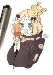  1girl abigail_williams_(fate/grand_order) bangs black_bow black_jacket blonde_hair blue_eyes blush bow cropped_torso crossed_bandaids eyebrows_visible_through_hair fate/grand_order fate_(series) food hair_bow hair_bun hands_up heroic_spirit_traveling_outfit highres holding holding_food ice_cream_cone jacket long_hair long_sleeves looking_away multiple_hair_bows open_mouth orange_bow parted_bangs photo quadruple_scoop signature simple_background sofra solo sweat traditional_media upper_body white_background 