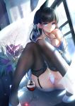  1girl animal_ears atago_(azur_lane) azur_lane bangs bare_shoulders black_hair black_legwear blue_eyes blush breasts cleavage cup extra_ears eyebrows_visible_through_hair garter_straps gloves hair_ribbon high_heels highres imo_bouya jacket_pull large_breasts long_hair looking_at_viewer military military_uniform miniskirt mole mole_under_eye panties pantyshot parted_lips ribbon skirt smile solo swept_bangs thighhighs underwear uniform white_footwear white_ribbon wind window 