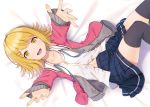  bed blonde_hair hyuuga_azuri navel original seifuku short_hair skirt thighhighs yellow_eyes zettai_ryouiki 