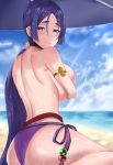  1girl armlet ass back bangs bare_shoulders beach beach_umbrella beads bikini blush breasts closed_mouth crimecrime fate/grand_order fate_(series) hair_between_eyes highres large_breasts long_hair looking_at_viewer low-tied_long_hair minamoto_no_raikou_(fate/grand_order) minamoto_no_raikou_(swimsuit_lancer)_(fate) parted_bangs purple_bikini_bottom purple_eyes purple_hair rope side-tie_bikini sitting solo sunlight swimsuit thighs topless umbrella very_long_hair wariza wet 
