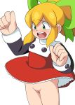  1girl blonde_hair bottomless capcom clothed clothing dress edit eyebrows eyebrows_visible_through_hair female female_focus female_only green_eyes hair hair_bow hair_ornament hair_ribbon looking_down mega_man mugai no_panties open_mouth pussy robot robot_girl rockman rockman_(classic) roll skirt skirt_lift solo solo_focus teeth tongue vagina worried 
