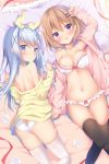  2girls areolae arm_up ass black_legwear blue_eyes blue_hair blush bow bow_bra bow_panties bra breasts cleavage closed_mouth commentary_request gochuumon_wa_usagi_desu_ka? hair_ornament hair_ribbon hairclip hoto_cocoa jacket kafuu_chino long_hair long_sleeves lying medium_breasts multiple_girls navel on_back on_stomach open_clothes open_jacket panties parted_lips pinching_sleeves pink_jacket purple_eyes ribbon shibainu_niki skindentation sleeves_past_wrists thighhighs underwear very_long_hair white_bra white_legwear white_panties x_hair_ornament yellow_jacket yellow_ribbon 