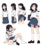  1girl black_eyes black_hair blue_sailor_collar blue_skirt blush bra full_body loafers long_hair original panties pantyshot pleated_skirt sailor_collar sanpaku school_uniform serafuku shoes skirt socks solo torn_clothes underwear white_legwear yanagida_fumita 