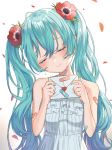  1girl anemone_(flower) bandaid bandaid_on_arm bare_arms bare_shoulders blue_hair blue_nails breasts broken_heart commentary crying curly_hair dress envelope fingernails flower frilled_dress frills hair_flower hair_ornament hatsune_miku head_tilt heart highres holding holding_envelope holding_letter hoshikawarai69 letter long_hair petals red_flower ribbon shiny shiny_hair simple_background sleeveless sleeveless_dress small_breasts smile solo tears twintails upper_body very_long_hair vocaloid white_background white_dress white_ribbon 