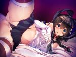  1girl :o ahoge ass bed bed_sheet black_hair black_panties blue_eyes blush braid breasts choker cosplay crop_top crop_top_overhang elbow_gloves gloves hair_flaps hair_ornament hair_over_shoulder hair_ribbon hairclip hand_on_own_chest highres kantai_collection looking_at_viewer lying medium_breasts microskirt open_mouth panties partially_visible_vulva red-framed_eyewear remodel_(kantai_collection) ribbon sailor_collar shigure_(kantai_collection) shimakaze_(kantai_collection) shimakaze_(kantai_collection)_(cosplay) shiny shiny_skin simple_background single_braid skirt solo spread_legs striped striped_legwear sweat thighhighs thighs thong torisan underwear white_gloves 