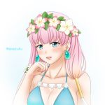  1girl :d amezuku blue_bikini_top blue_eyes blush breasts cleavage collarbone commentary_request earrings fire_emblem fire_emblem_heroes flower gunnthra_(fire_emblem) hair_flower hair_ornament hair_over_shoulder hair_tubes hand_up jewelry large_breasts long_hair low_twintails open_mouth pink_flower pink_hair smile solo swimsuit twintails twitter_username upper_body white_flower 