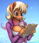  blonde_hair blue_eyes bodily_fluids breasts cleavage clipboard clothed clothing cum drinking earth_pony equid equine female friendship_is_magic genital_fluids hair hands-free_bubble_tea hi_res horse kasaler mammal meme ms._harshwhinny_(mlp) my_little_pony pen piercing pony solo straw 