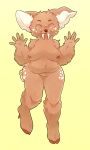  2016 5_fingers anthro arm_tuft belly blush breasts brown_fur cervid cervine cheek_spots cheek_tuft chih-lin_zhou chinese_water_deer conditional_dnp crotch_tuft eyebrows eyes_closed featureless_breasts female fingers full-length_portrait fur head_tuft hi_res hooves lamm leg_tuft mammal multicolored_fur neck_tuft overweight overweight_female portrait simple_background spots spotted_fur tuft tusks two_tone_fur water_deer white_fur yellow_background 