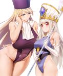  2girls adapted_costume bangs bare_shoulders blonde_hair blush breasts covered_navel covered_nipples cross elbow_gloves eris_(shadowverse) eyebrows_visible_through_hair fate_(series) gloves hair_tucking hat highleg highleg_leotard highres huge_breasts illyasviel_von_einzbern leotard long_hair looking_at_another looking_at_viewer mitre multiple_girls obaoba_(monkeyix) red_eyes scarf shadowverse simple_background smile staff very_long_hair white_background white_gloves white_hair white_scarf 