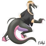  1:1 2019 ambiguous_gender barefoot blonde_hair blue_sclera bottomless clothed clothing diethyl hair hi_res nintendo open_mouth pok&eacute;mon pok&eacute;mon_(species) reptile salazzle scalie shirt shrinking signature simple_background solo species_transformation standing teeth topwear transformation video_games white_background 